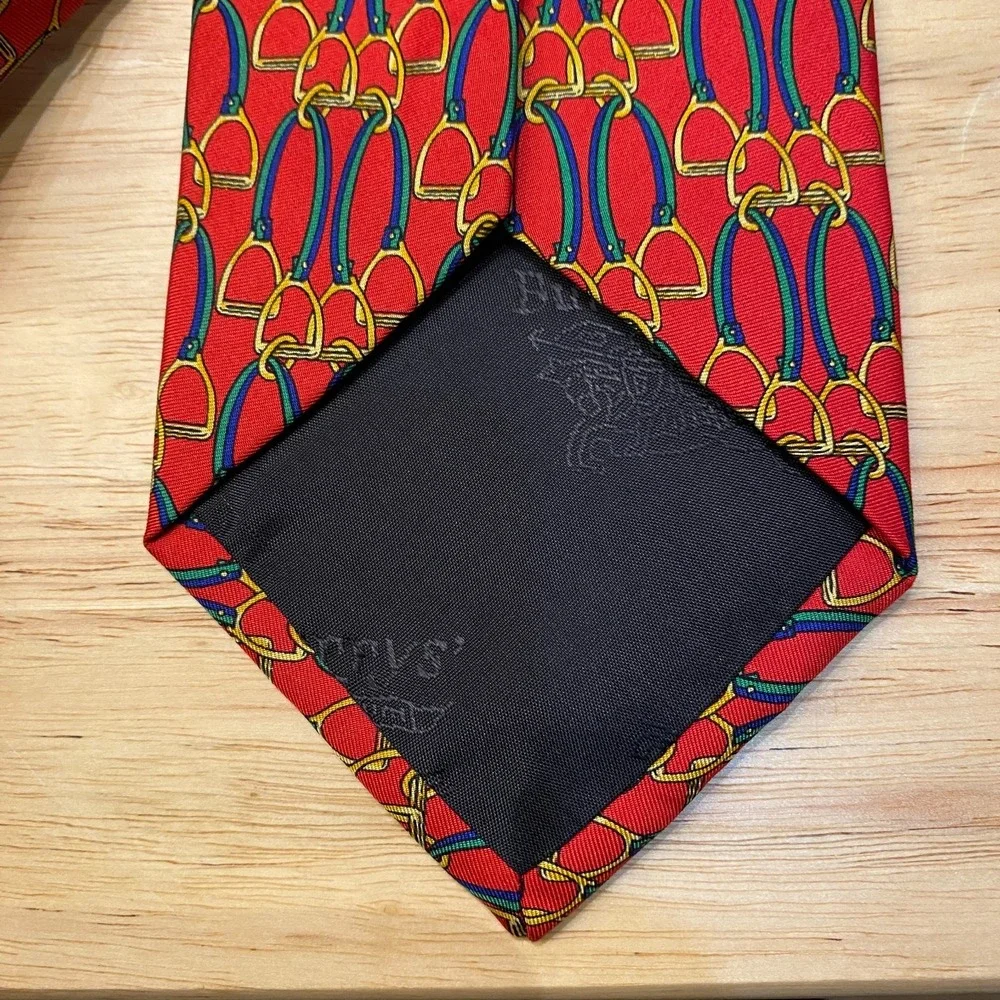 Burberrys Necktie Tie Mens Red Horse Bit Print Equestrian Silk Old Money USA VTG